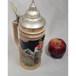 German Beer Stein Full Color Egon Bay Handarbeit 8" Tall Lidded Pewter Vintage